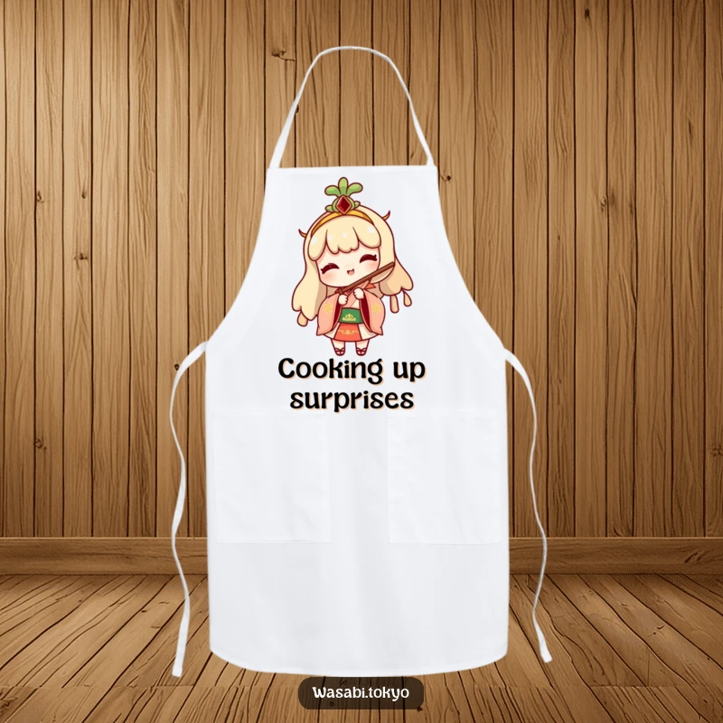 Funny apron featuring a cheeky wasabi character in traditional attire, playfully peeking from behind a folding fan, perfect for kitchen fun.