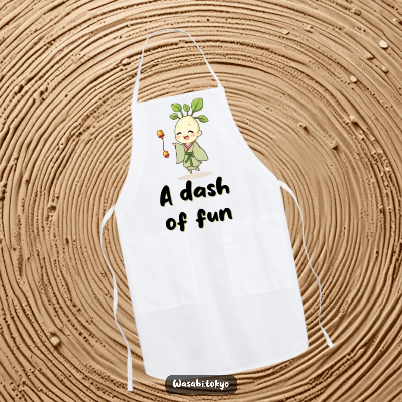 Funny apron featuring a cheerful wasabi sprout in a kimono, happily twirling with a tiny bell, perfect for kitchen fun.