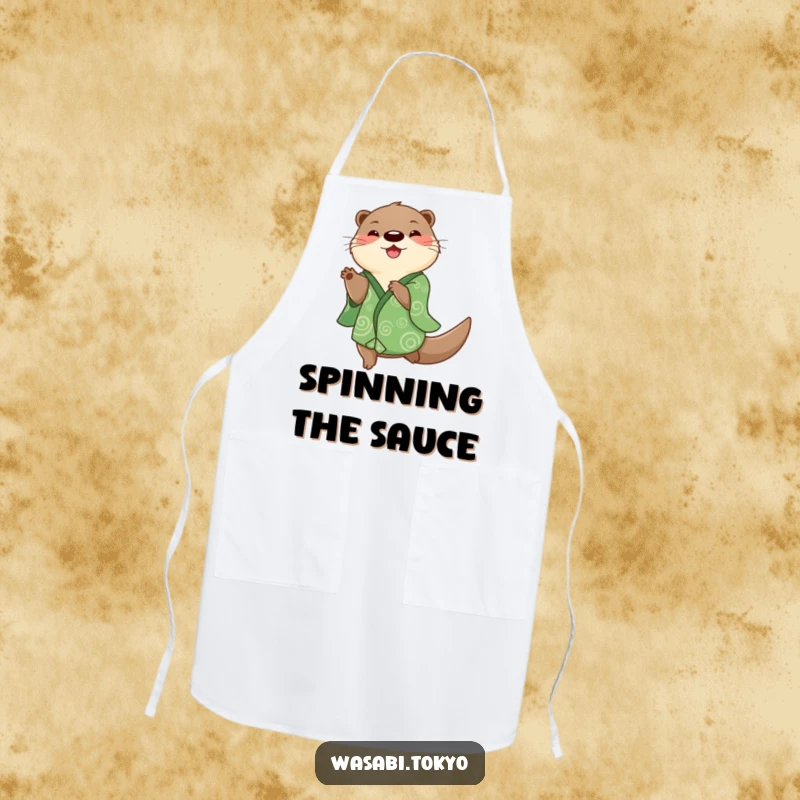 Funny otter in a green kimono spinning happily on a kitchen apron, combining playful style with humor, a great funny gift.