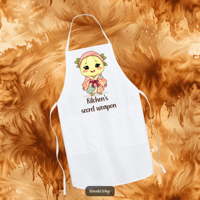 Funny apron featuring a smiling wasabi clump in a colorful silk robe and obi, perfect for adding humor to kitchen duties.