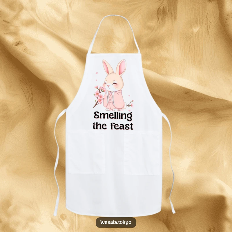 Funny shy rabbit in a pink kimono smelling a cherry blossom on a kitchen apron, combining delicate style with humor, a lovely funny gift.