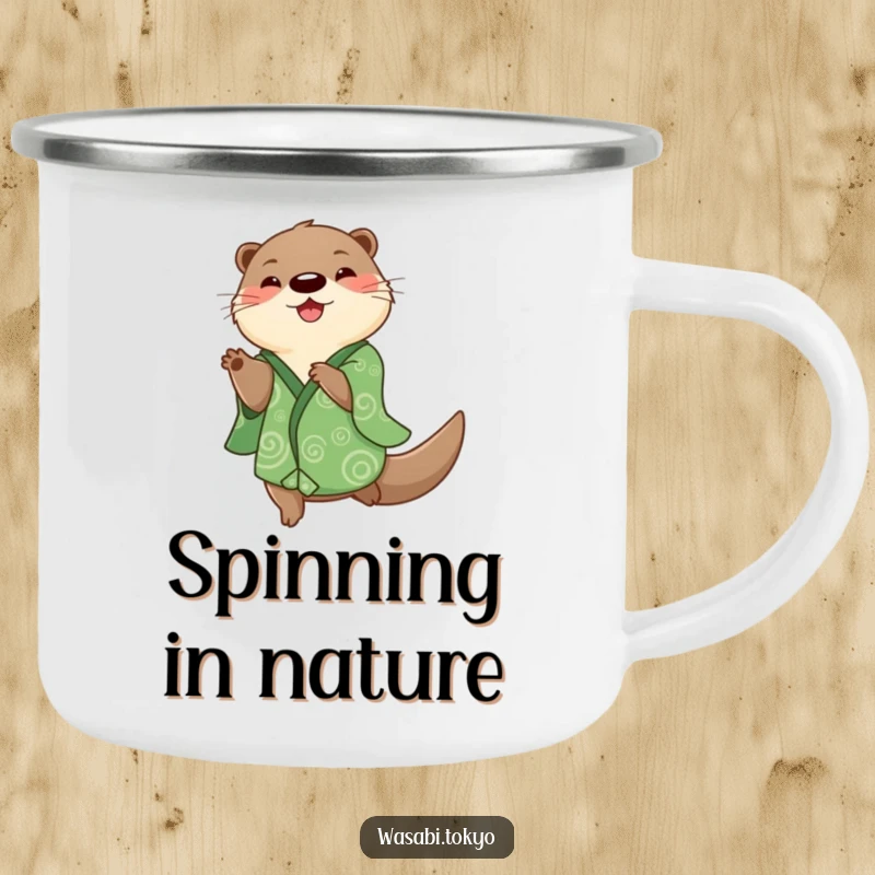 Funny playful otter in a green kimono spinning happily on a camping mug, ideal for energetic outdoor moments, a fun funny gift.