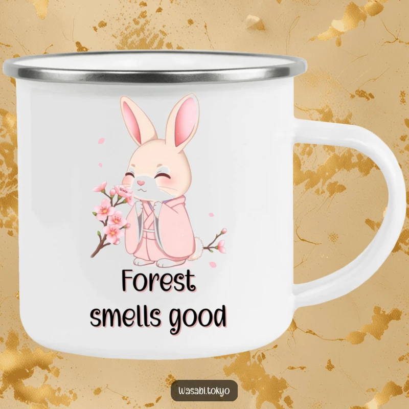 Funny shy rabbit in a pink kimono smelling a cherry blossom on a camping mug, evoking peaceful outdoor moments, a gentle funny gift.
