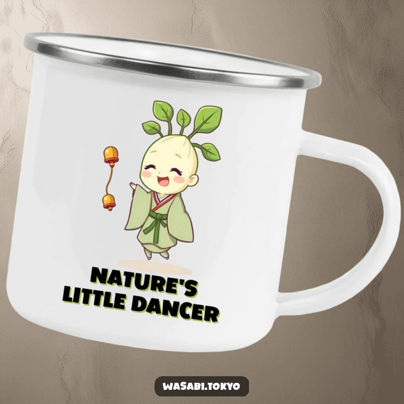 Funny camping mug featuring a cheerful wasabi sprout in a kimono, happily twirling with a tiny bell, perfect for outdoor enjoyment.