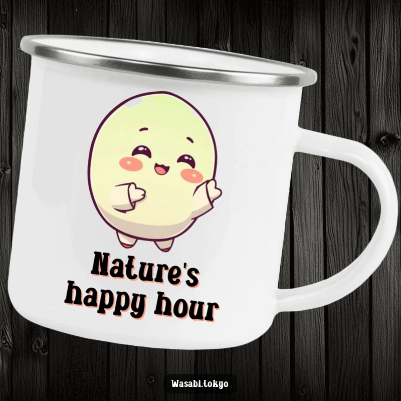 Funny camping mug showcasing a small, round, happy wasabi character gracefully gesturing with its sleeves, perfect for outdoor enjoyment.