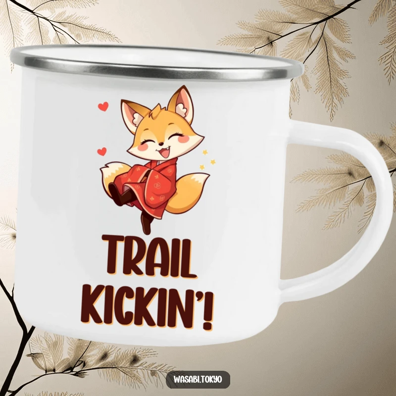 Funny fox in a red kimono doing a playful kick, depicted on a durable camping mug, a humorous outdoor gift.