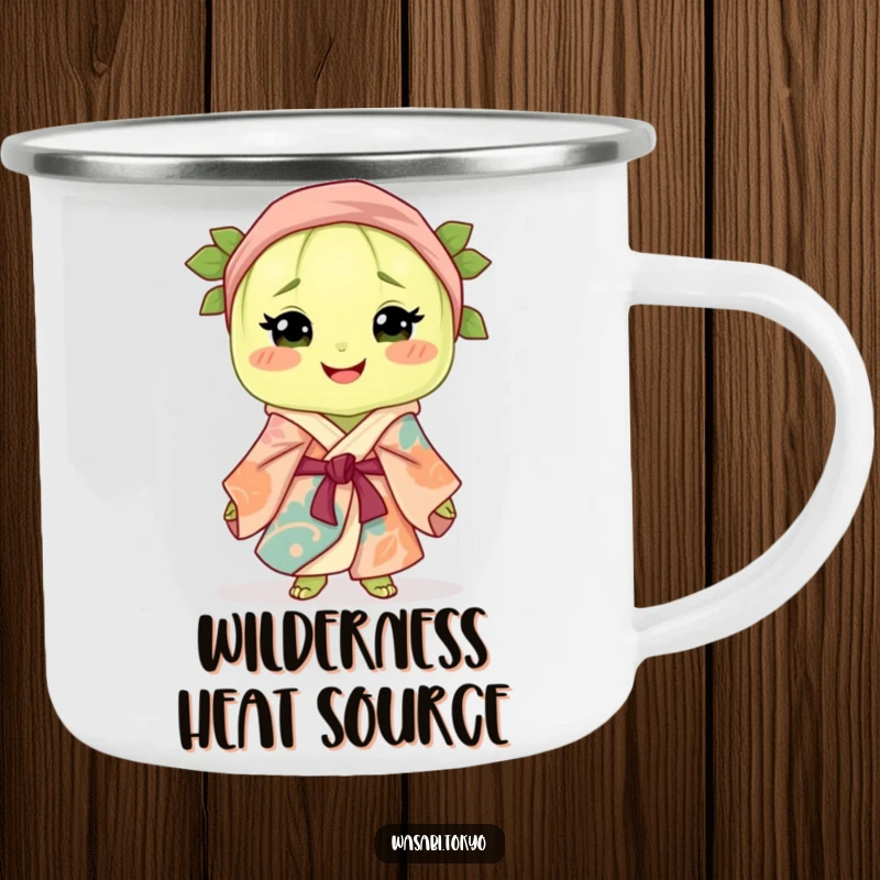 Funny camping mug featuring a smiling wasabi clump in a colorful silk robe and obi, ideal for enjoying drinks outdoors with humor.