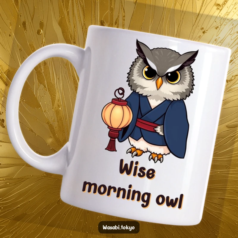 Funny dignified owl in an indigo kimono holding a paper lantern on a mug, representing wisdom and sophistication, an ideal funny gift.