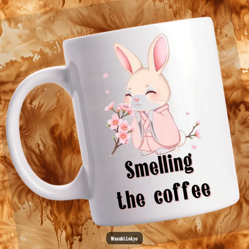 Funny shy rabbit in a pink kimono delicately smelling a cherry blossom on a mug, evoking peace and gentle humor, ideal gift.