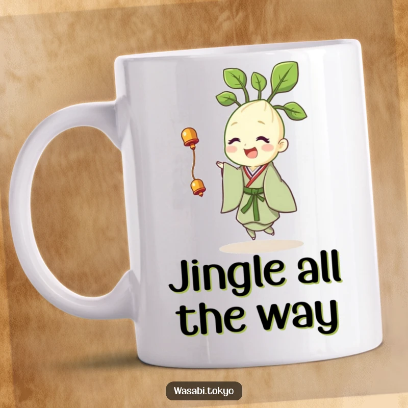 Funny mug featuring a cheerful wasabi sprout in a kimono, happily twirling with a tiny bell, radiating pure joy.