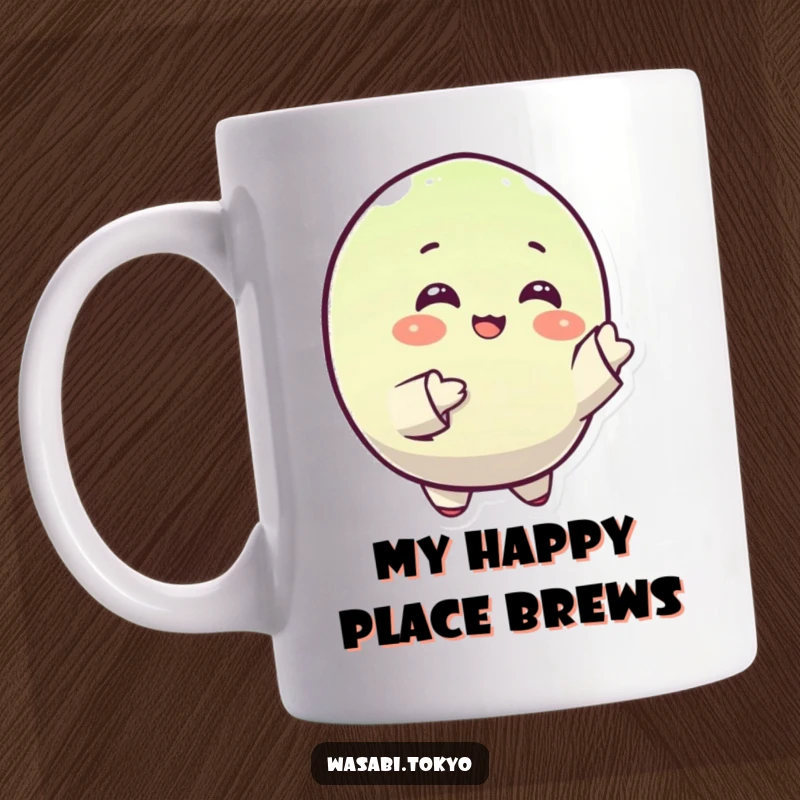 Funny mug showcasing a small, round wasabi character with a happy expression, gracefully gesturing with its sleeves in a delightful dance.