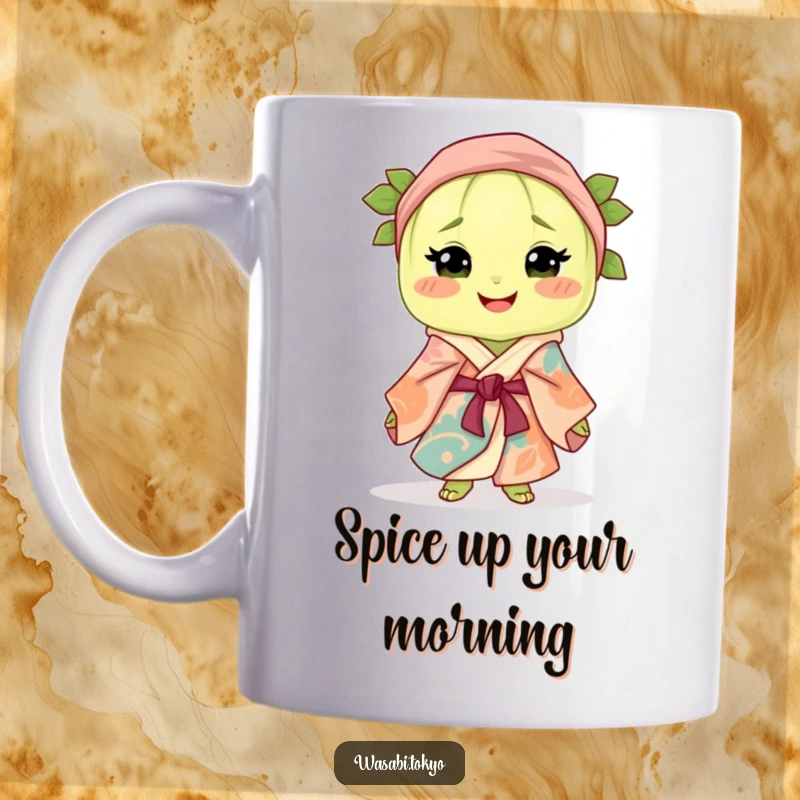 Funny mug featuring a cute, smiling wasabi clump in a colorful silk robe and obi, exuding joy and style.