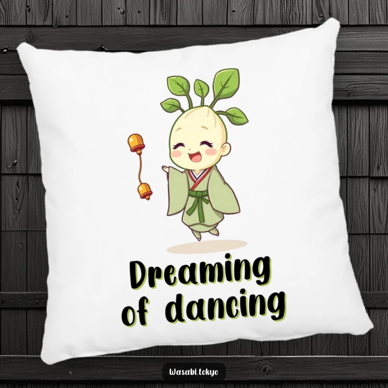 Funny pillow featuring a cheerful wasabi sprout in a kimono, happily twirling with a tiny bell, offering comfort and a smile.