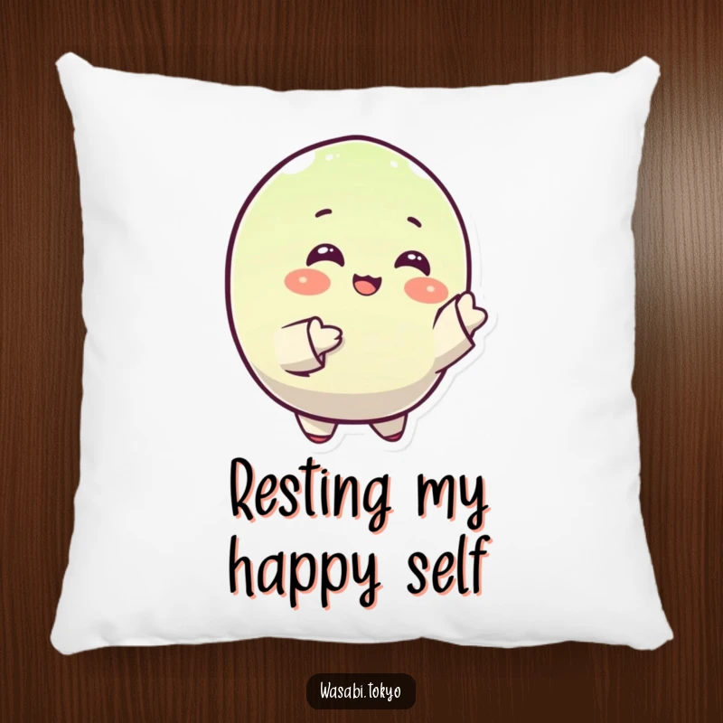 Funny pillow featuring a small, round, happy wasabi character gracefully gesturing with its sleeves, perfect for comfort and a smile.