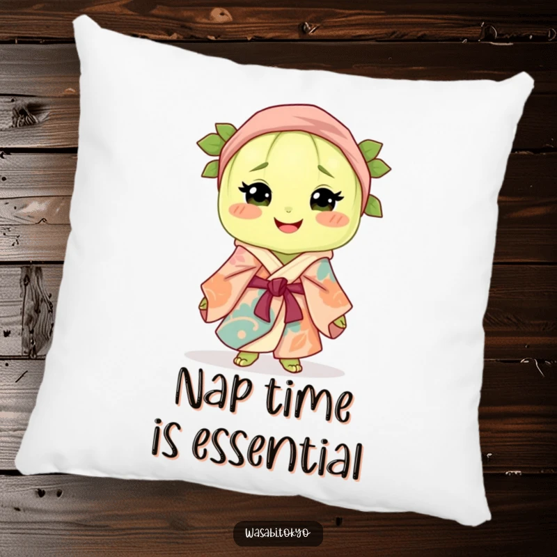 Funny pillow with a smiling wasabi clump elegantly dressed in a colorful silk robe and obi, offering comfort and a touch of humor.