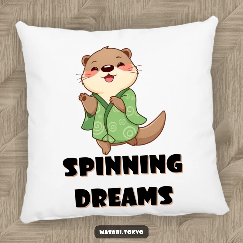 Funny otter in a green kimono spinning happily on a soft pillow, providing cozy comfort with playful humor, a delightful funny gift.