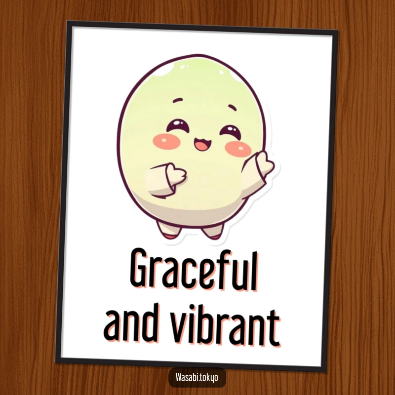 Funny digital art print of a small, round, happy wasabi character gracefully gesturing with its sleeves, perfect for instant cheerful decor.
