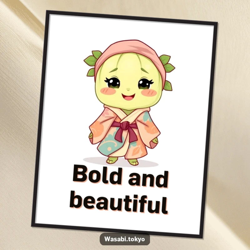 Funny digital art print of a smiling wasabi clump in a vibrant silk robe and obi, offering instant humorous wall decor.