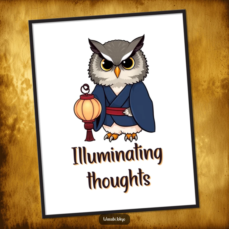 Funny owl in a dark indigo kimono holding a glowing paper lantern, high-resolution digital art print for elegant and wise wall decor.