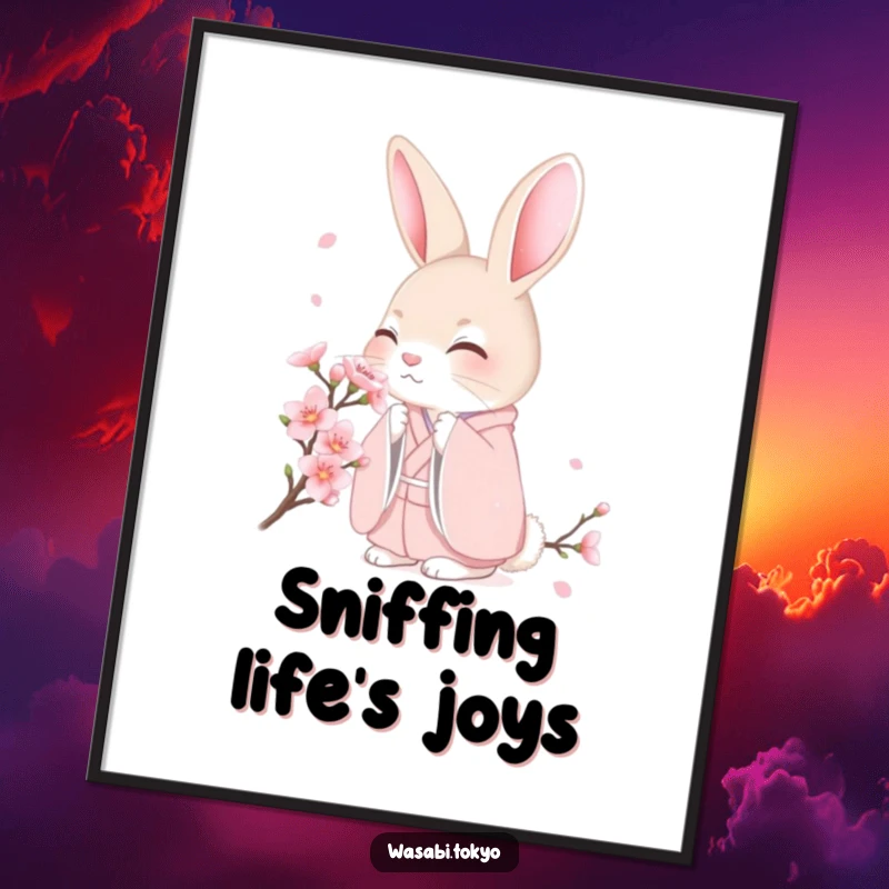 Funny shy rabbit in a pink kimono smelling a cherry blossom, high-resolution digital art print for serene and gentle wall decor.