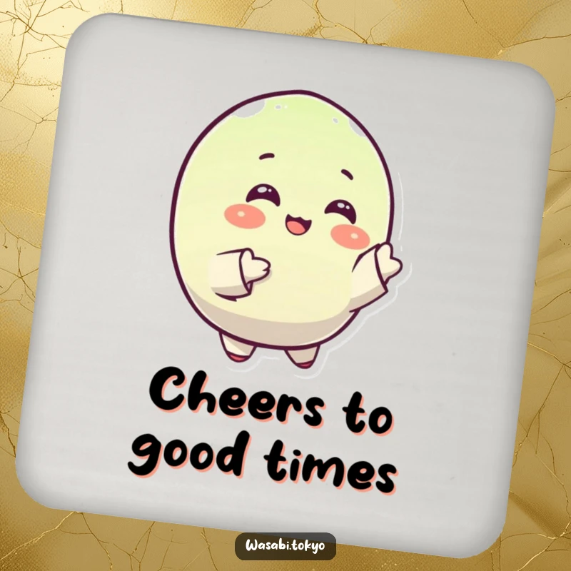 Funny drink coaster featuring a small, round, happy wasabi character gracefully gesturing with its sleeves, adding humor to table settings.