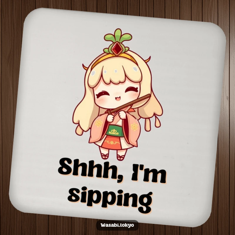 Funny drink coaster featuring a cheeky wasabi character in traditional attire, playfully peeking from behind a folding fan, adding humor to tables.