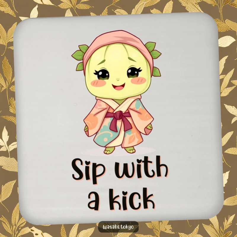 Funny drink coaster featuring a smiling wasabi clump in a silk robe and obi, protecting surfaces with style and humor.