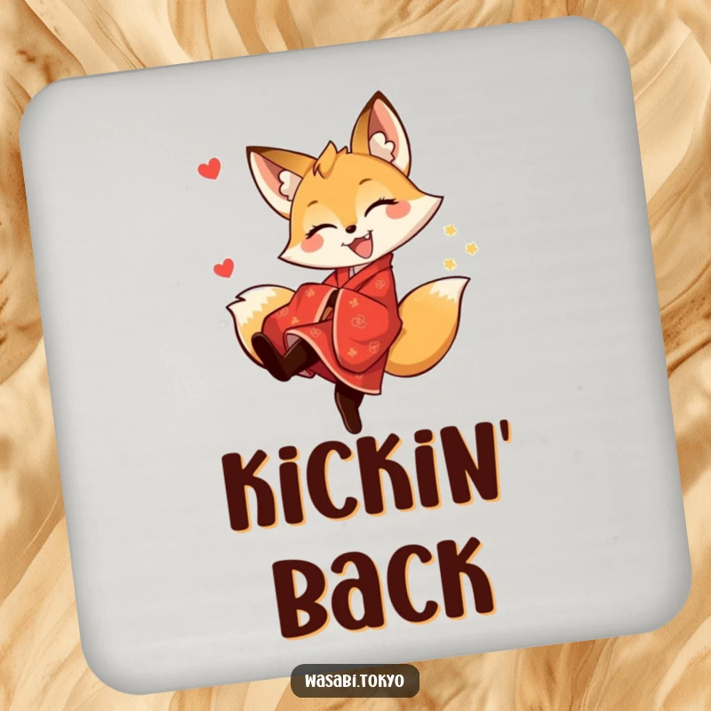 Funny fox in a red kimono in a playful kick pose on a drink coaster, offering surface protection with humor, a great funny gift.