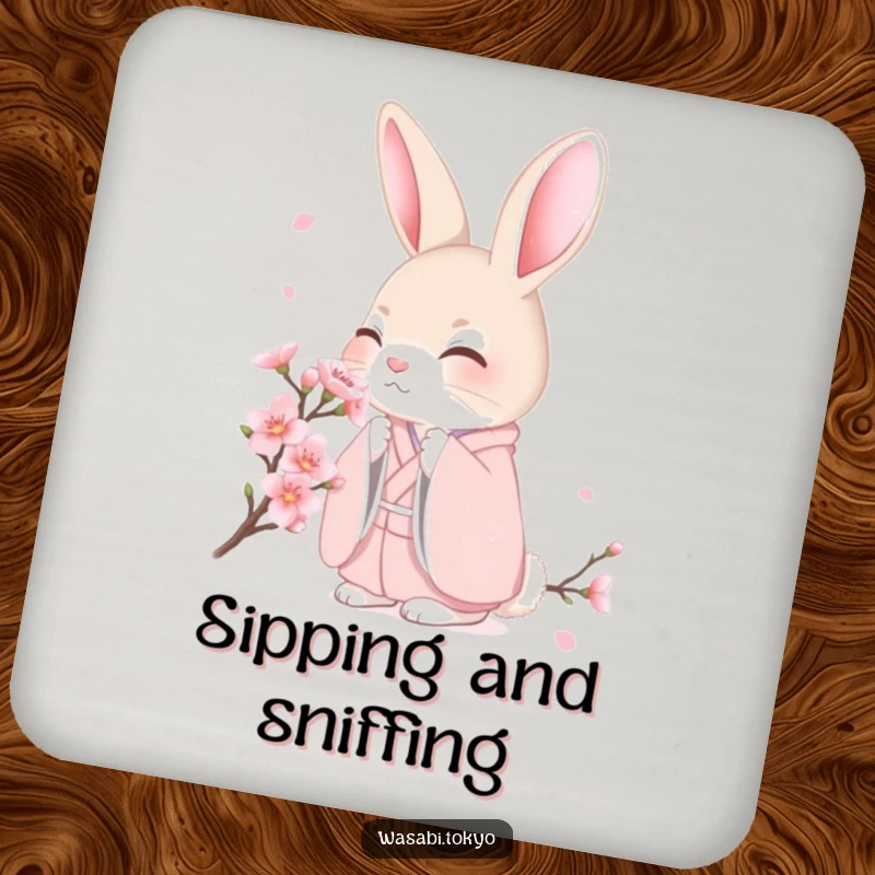 Funny shy rabbit in a pink kimono surrounded by cherry blossoms on a drink coaster, offering delicate protection and humor, a great funny gift.