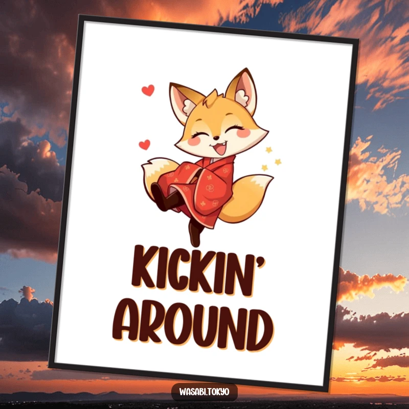 Funny, joyful fox in a red kimono performing a playful kick, captured in vibrant art for a poster, a humorous decorative gift.