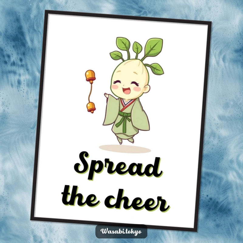 Funny poster art of a cheerful wasabi sprout in a kimono, joyfully twirling with a tiny bell, adding vibrant, happy decor.