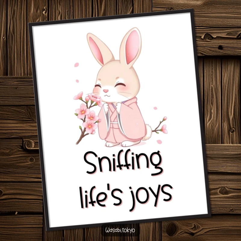 Funny shy rabbit in a pink kimono smelling a cherry blossom, featured as serene wall art poster, a gentle and funny gift.