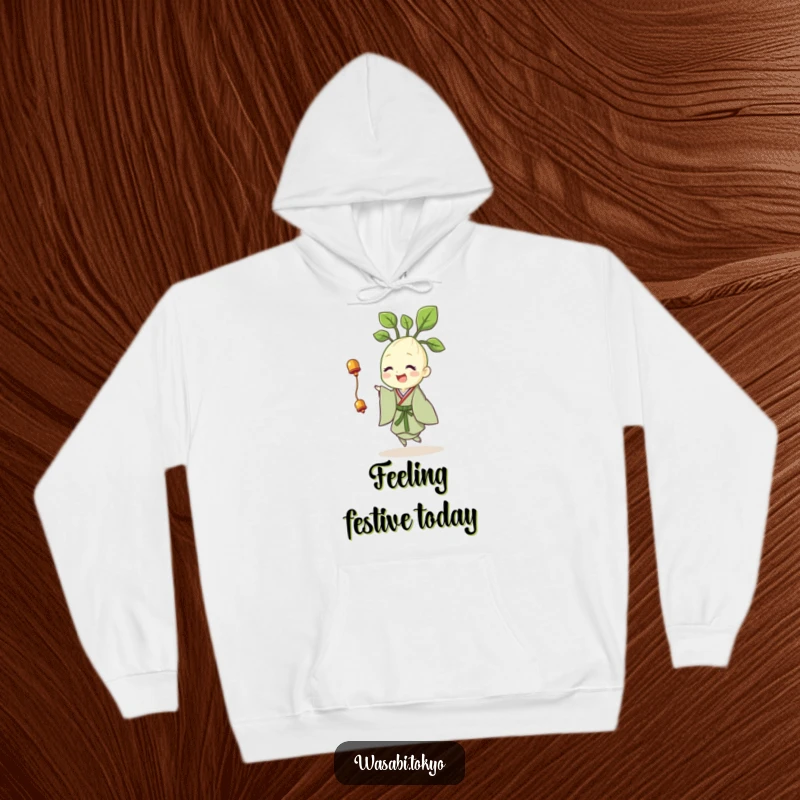 Funny hoodie featuring a cheerful wasabi sprout in a kimono, happily twirling with a tiny bell, bringing warmth and joy.