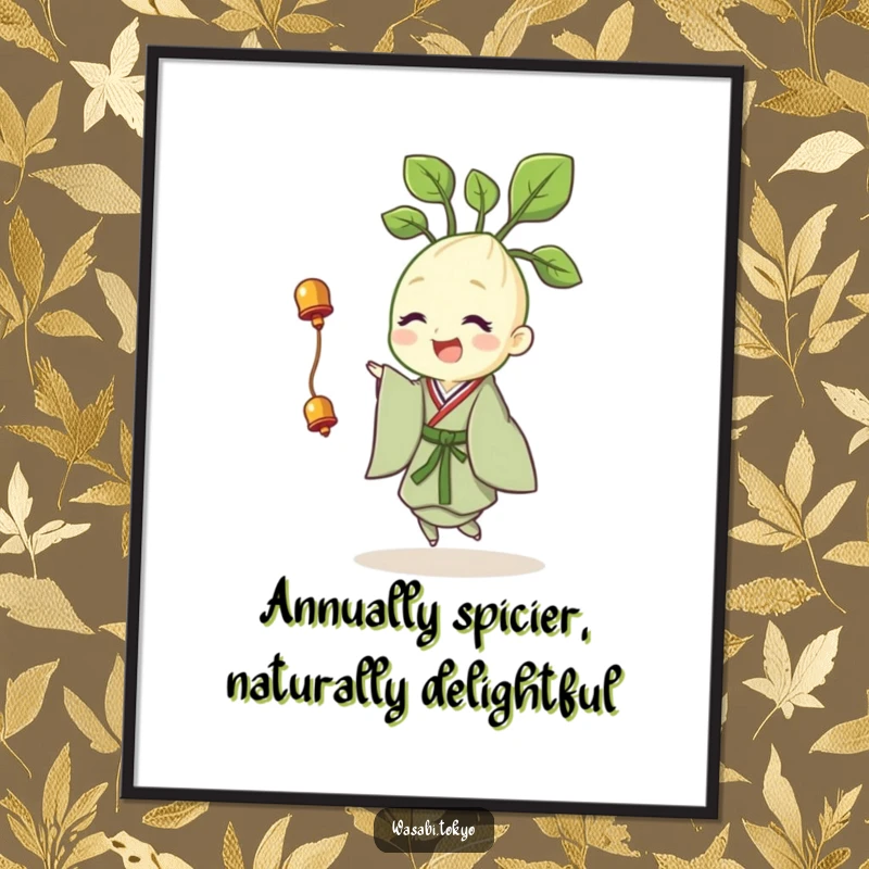 Funny Free Printable Wall Art: A cheerful wasabi sprout in a kimono, happily twirling with a tiny bell, bringing joy.
