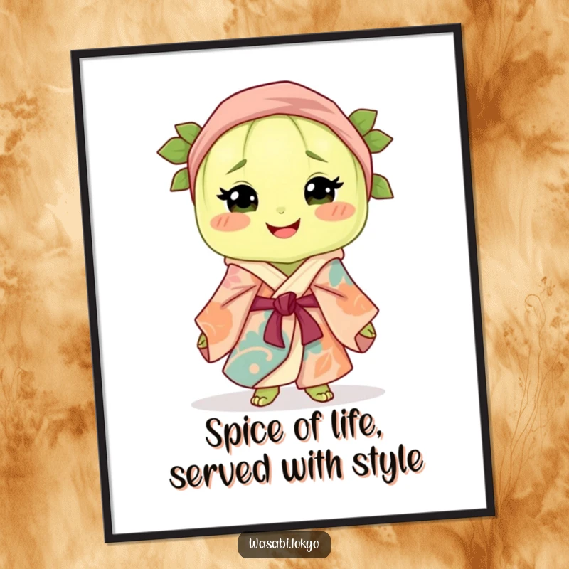 Funny Free Printable Wall Art: A cute, smiling wasabi clump in a colorful silk robe and obi, radiating calm and humor.