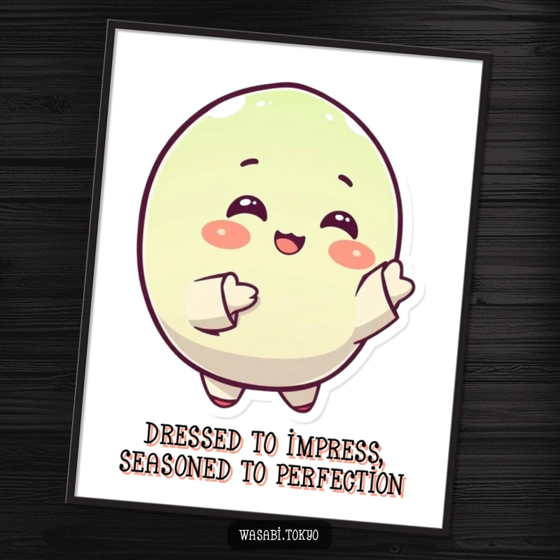 Funny Free Printable Wall Art: A small, round, happy wasabi character gracefully gesturing with sleeves, bringing joy and humor.