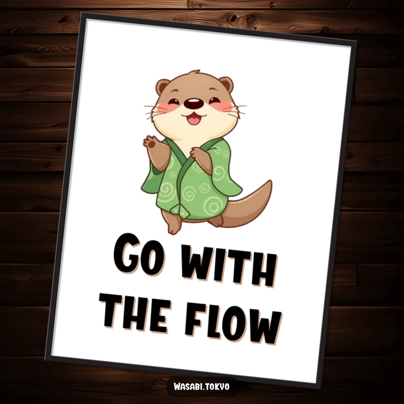 Free Printable Wall Art: A playful otter in a green patterned kimono is captured mid-spin, radiating pure happiness.