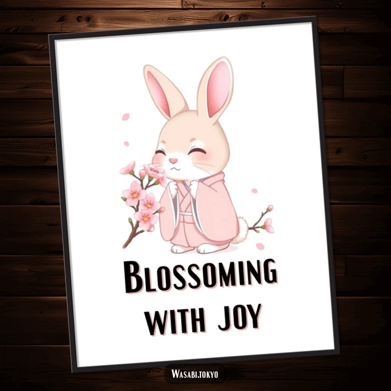 Free Printable Wall Art: A shy rabbit in a pink kimono delicately smelling a cherry blossom, bringing tranquility and charm.
