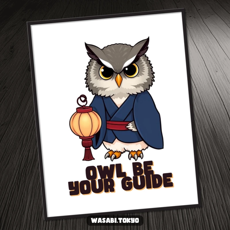 Free Printable Wall Art: A dignified owl in a dark indigo kimono holds a glowing paper lantern, embodying wisdom and light.
