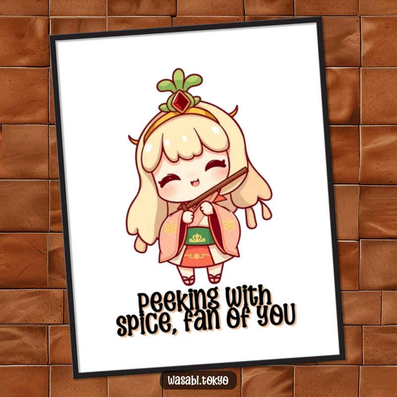 Funny Free Printable Wall Art: A cheeky wasabi character in traditional attire playfully peeking from behind a folding fan, full of mischief.
