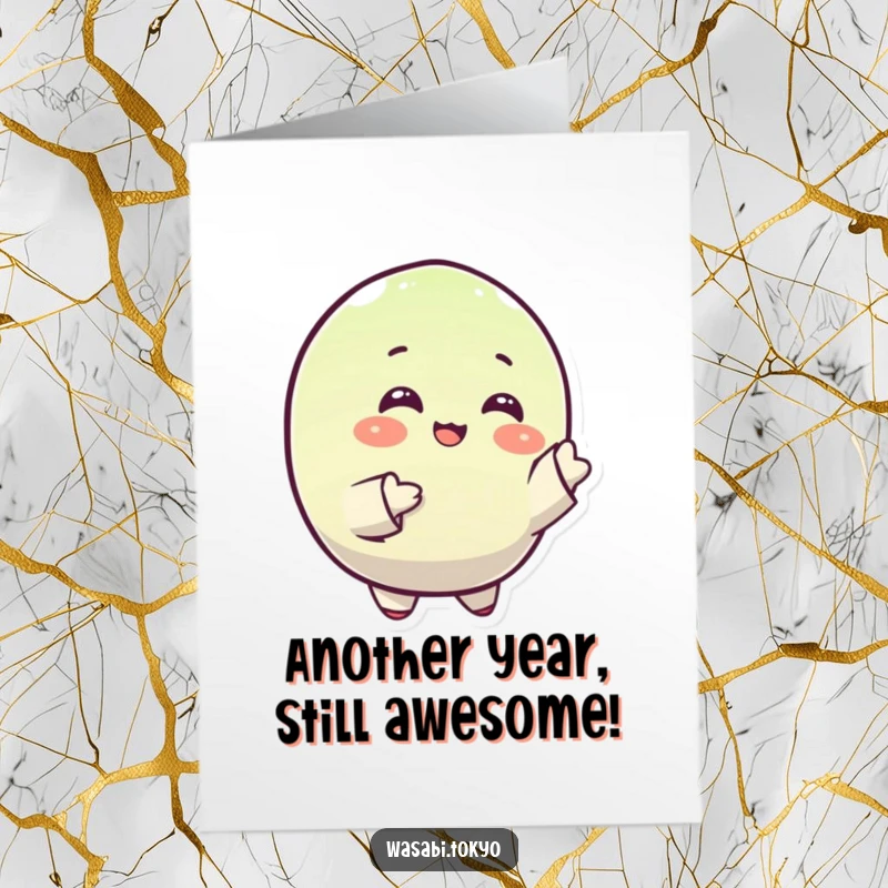Funny Free Printable Birthday Card: Small, round wasabi character with a happy expression, gracefully gesturing with sleeves for a birthday wish.