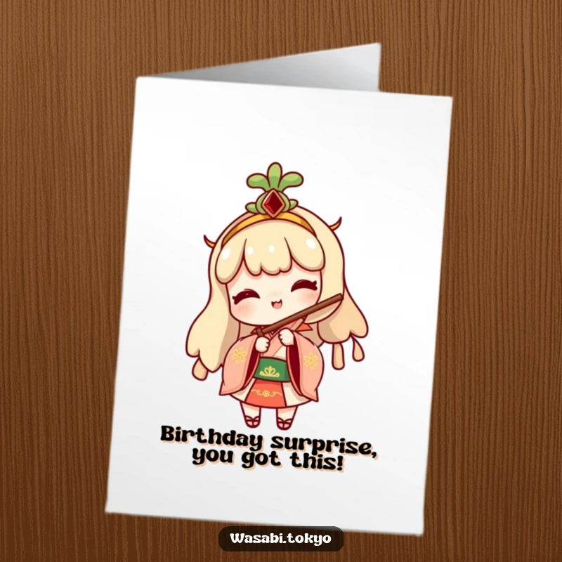 Funny Free Printable Birthday Card: Cheeky wasabi character in traditional attire, playfully peeking from behind a folding fan for a birthday surprise.