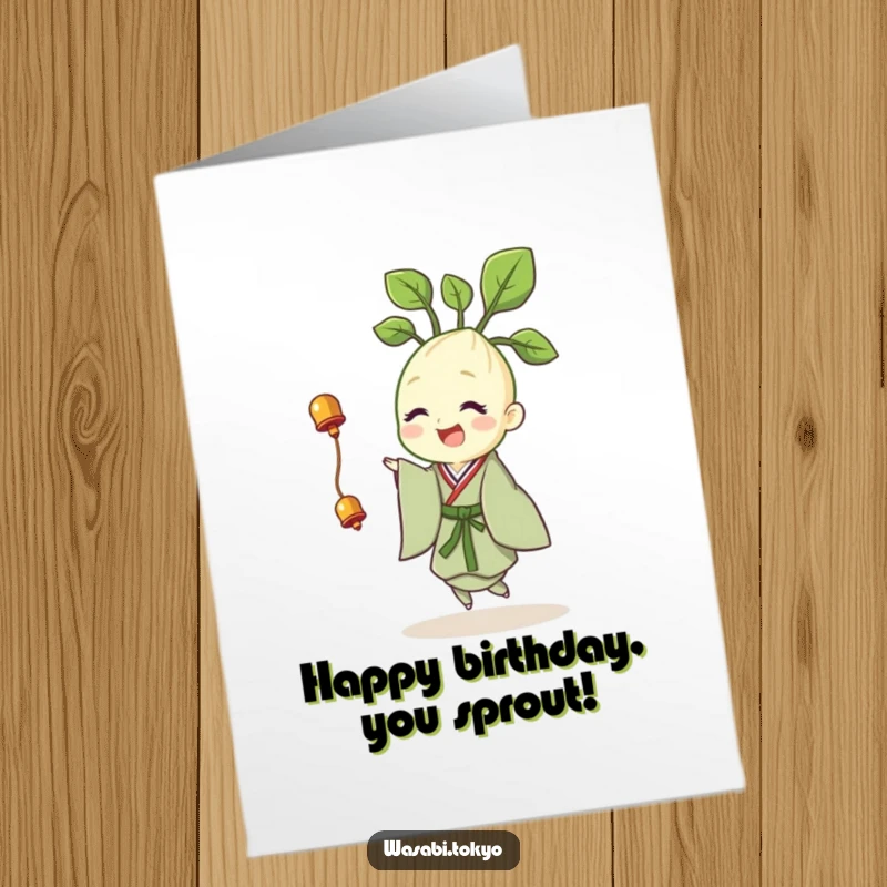 Funny Free Printable Birthday Card: A cheerful wasabi sprout in a kimono, twirling with a tiny bell to wish you a happy birthday.