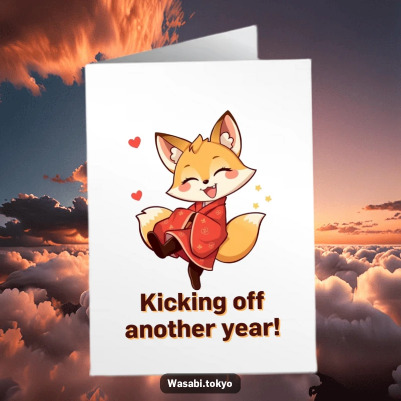 Funny Free Printable Birthday Card: Joyful fox in red kimono doing a playful, energetic kick, ready to celebrate your special day.