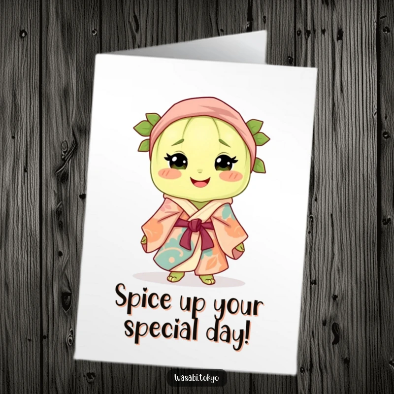 Funny Free Printable Birthday Card: Smiling wasabi clump in a colorful silk robe and obi, ready to wish you a happy birthday.