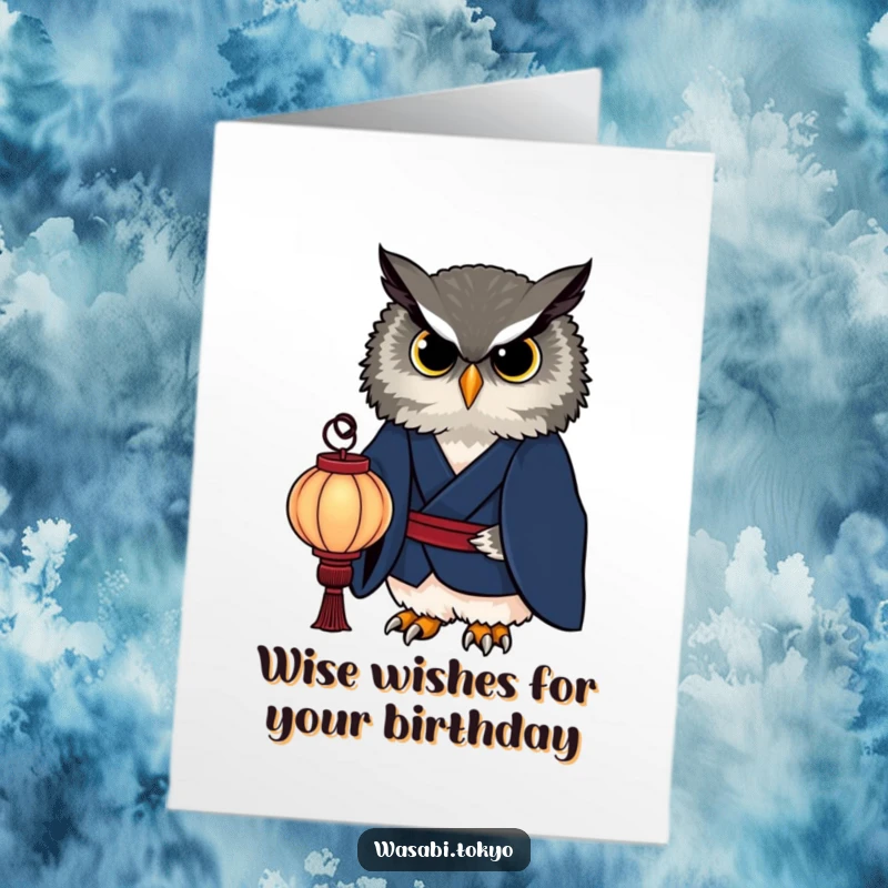 Free Printable Birthday Card: Dignified owl in indigo kimono holding a paper lantern, wishing a wise and happy birthday.