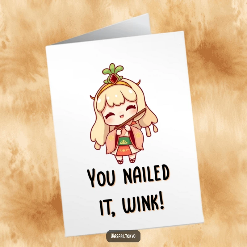 Funny Free Printable Congrats Card: A cheeky wasabi character in traditional attire playfully peeking from behind a folding fan with congratulations.