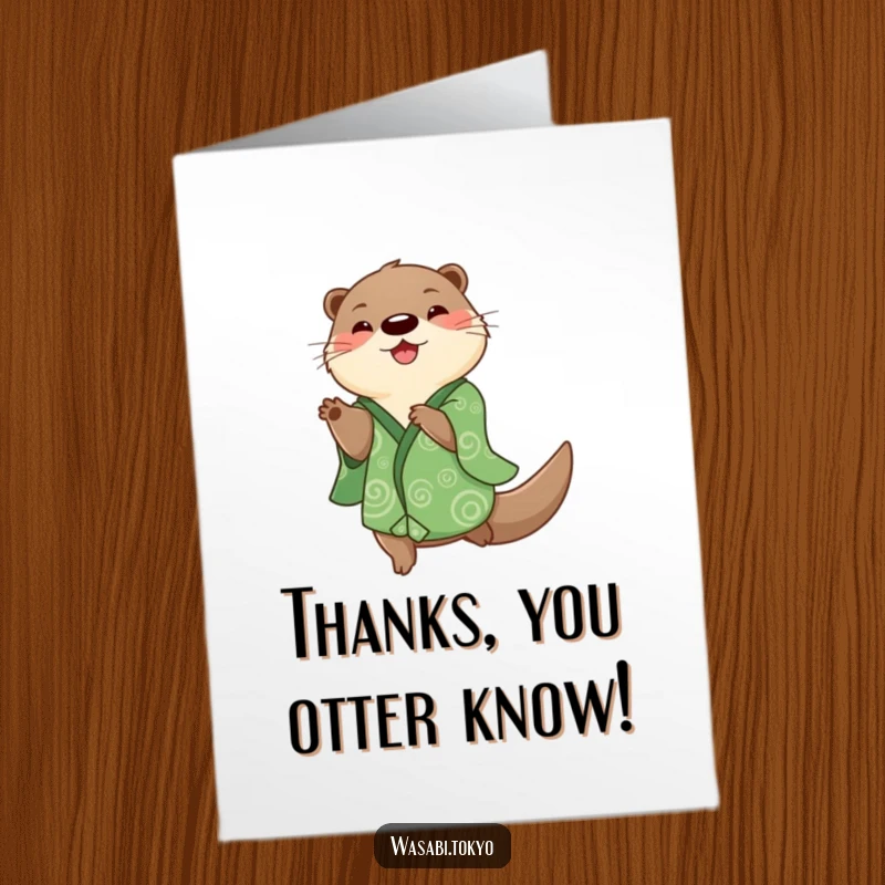 Free Printable Thank You Card: A playful otter in a green kimono with swirls does a happy spin to say thank you.