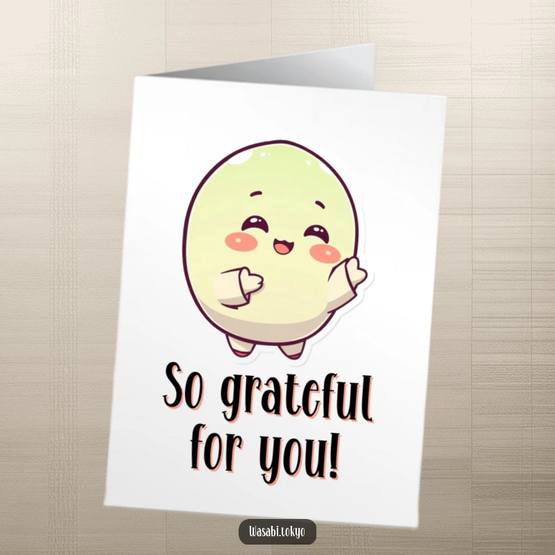 Funny Free Printable Thank You Card: Small, round, happy wasabi character gracefully gesturing with sleeves to express sincere thanks.