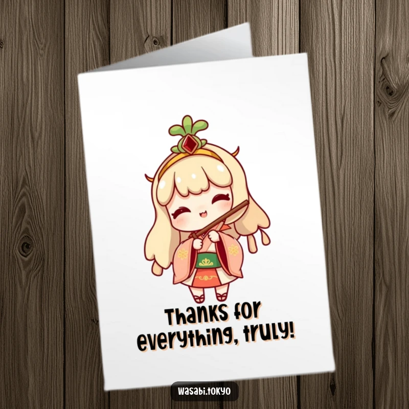 Funny Free Printable Thank You Card: Cheeky wasabi character in traditional attire playfully peeking from behind a folding fan to say thank you.